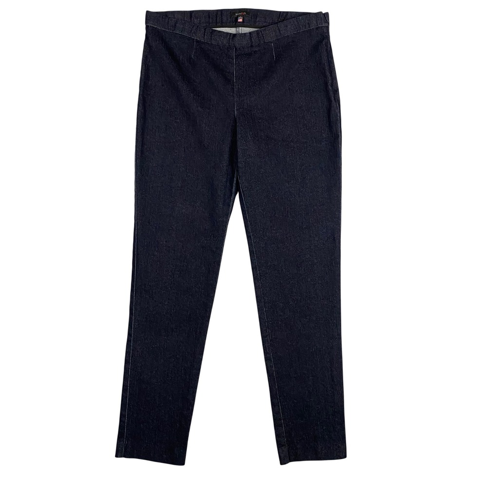 WOMAN Dark Wash Denim Look Stretch Side Zip‎ Pants Size L Made in New York